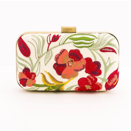 Floral Embroidered Clutch - Red and Green