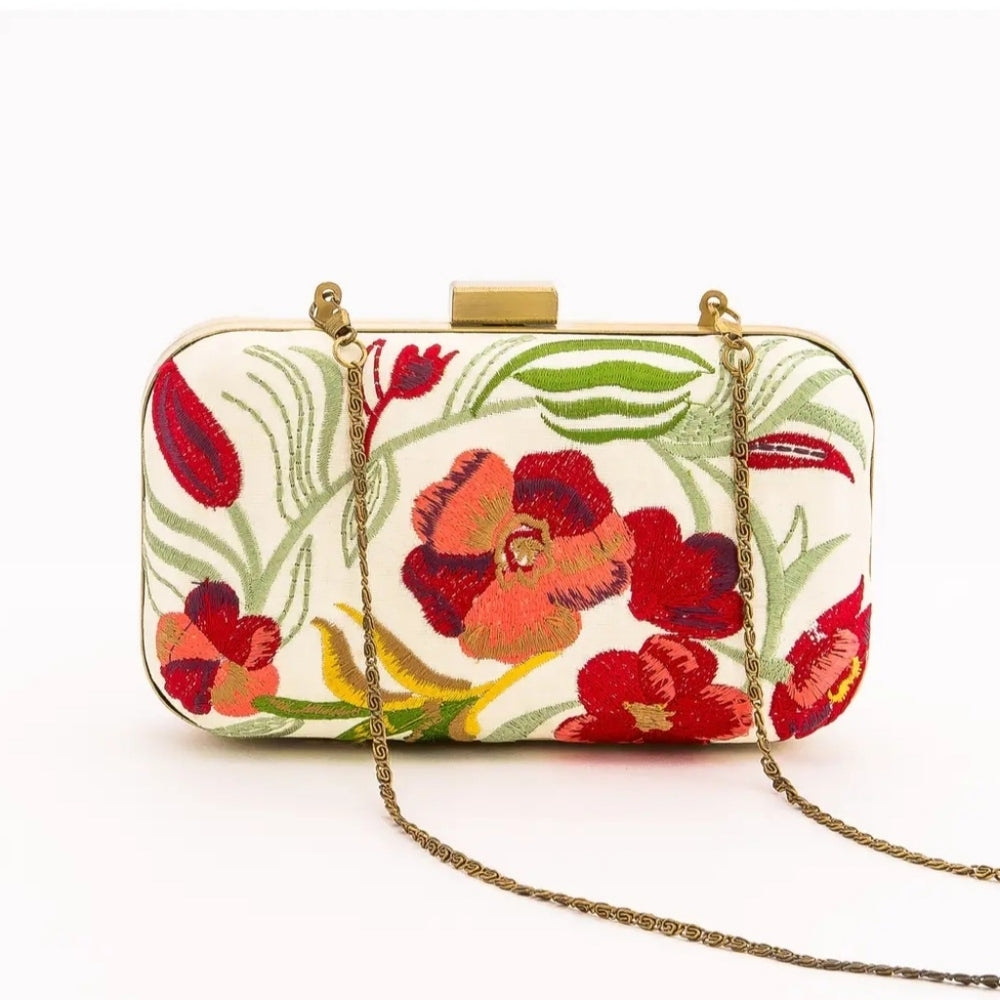 Floral Embroidered Clutch - Red and Green