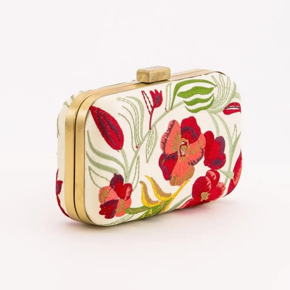 Floral Embroidered Clutch - Red and Green