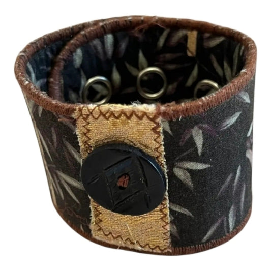 Upcycled Floral Patterned Black and Brown Cuff Bracelet