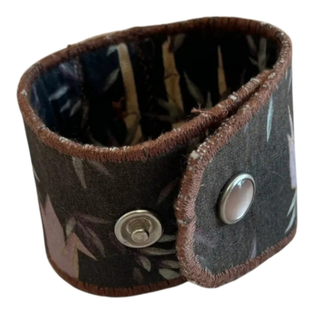 Upcycled Floral Patterned Black and Brown Cuff Bracelet