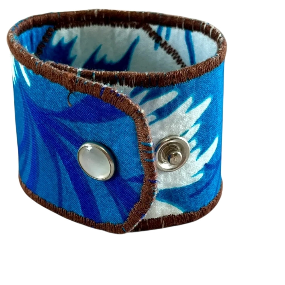 Upcycled Blue and White Fabric Cuff Bracelet