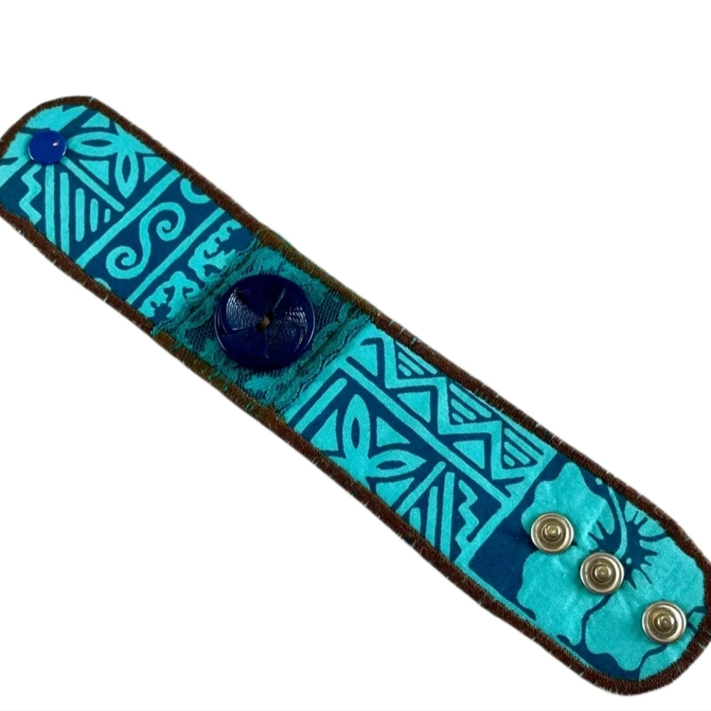 Upcycled Blue and Brown Patterned Cuff Bracelet