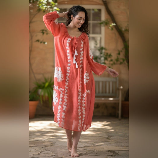 Flowy Red Dress with White Floral Design