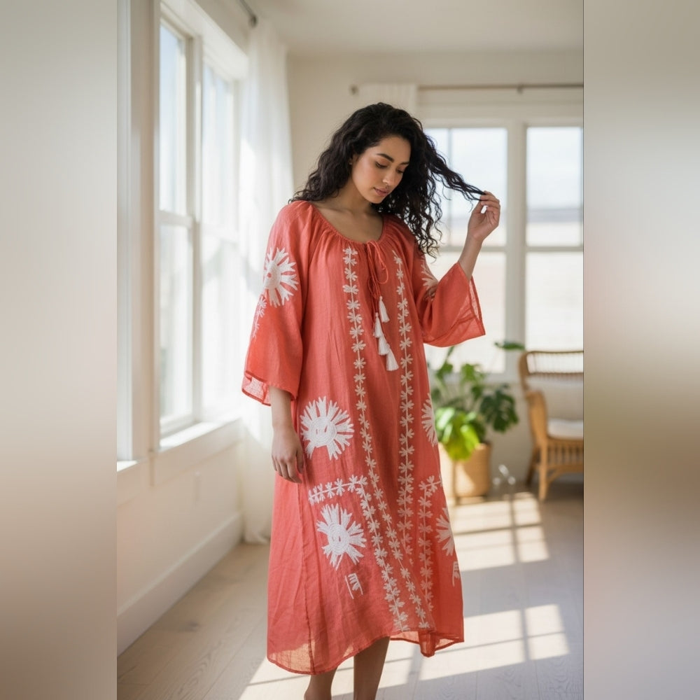 Flowy Red Dress with White Floral Design