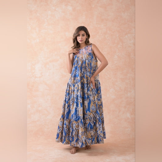 Elegant Blue and Brown Paisley Maxi Dress