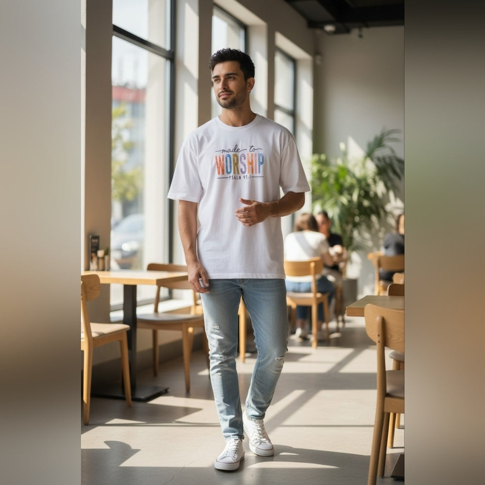 White Graphic T-Shirt "Made To Worship"