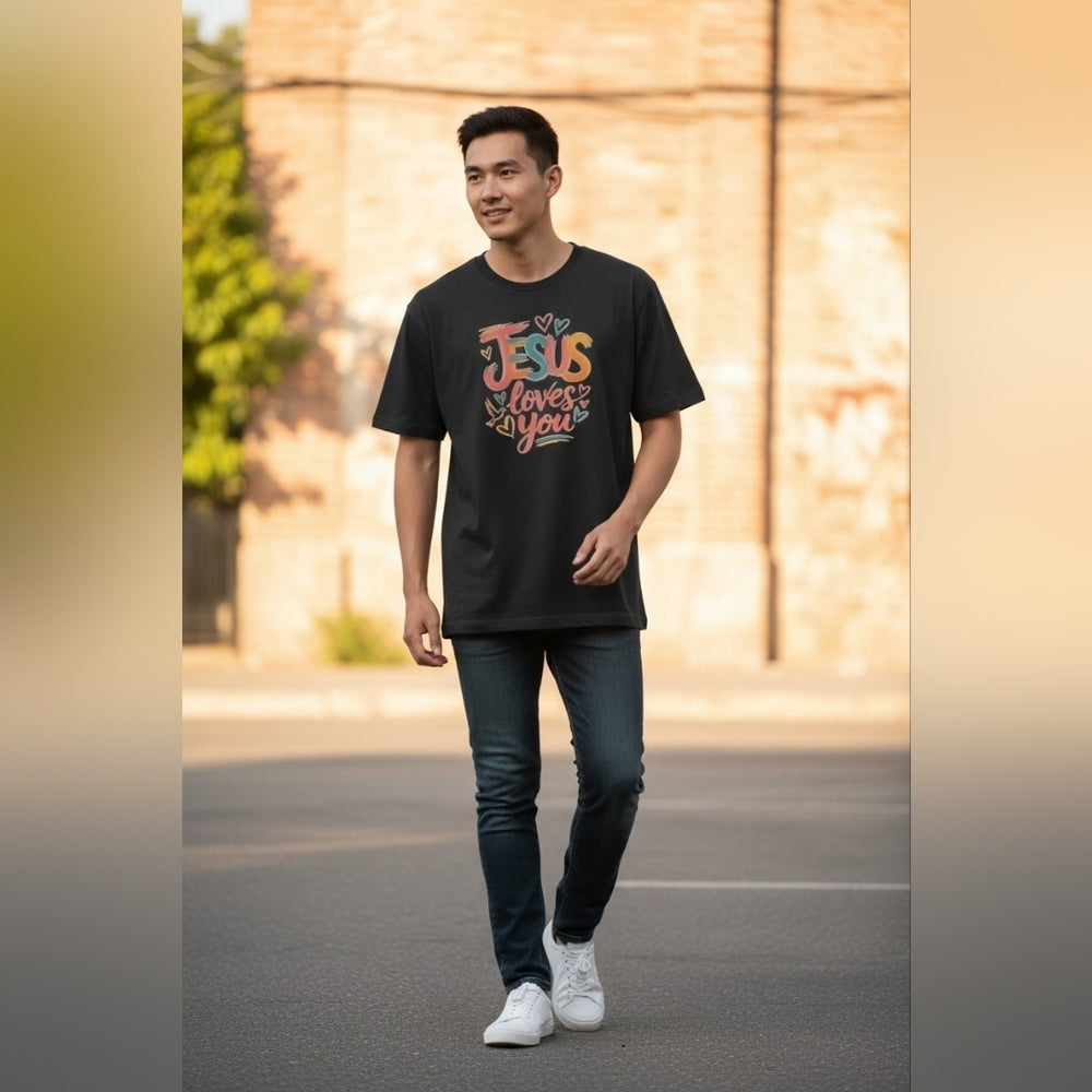 Navy Blue Graphic T-Shirt with Colorful Print Jesus Loves You