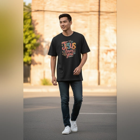 Navy Blue Graphic T-Shirt with Colorful Print Jesus Loves You