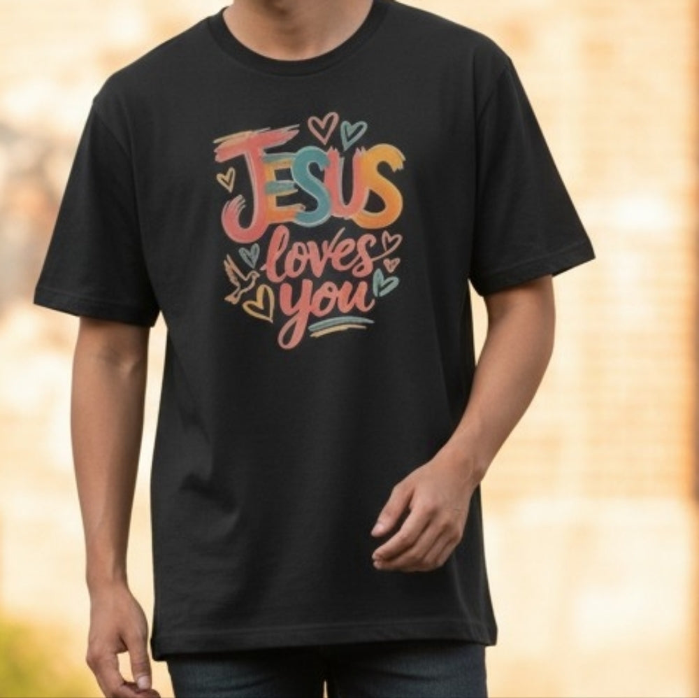 Navy Blue Graphic T-Shirt with Colorful Print Jesus Loves You