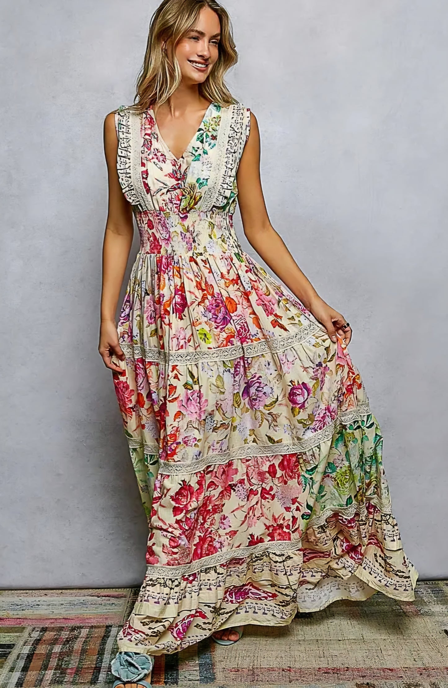 Feminine Smocked Waist Ruffle Floral Maxi Dress