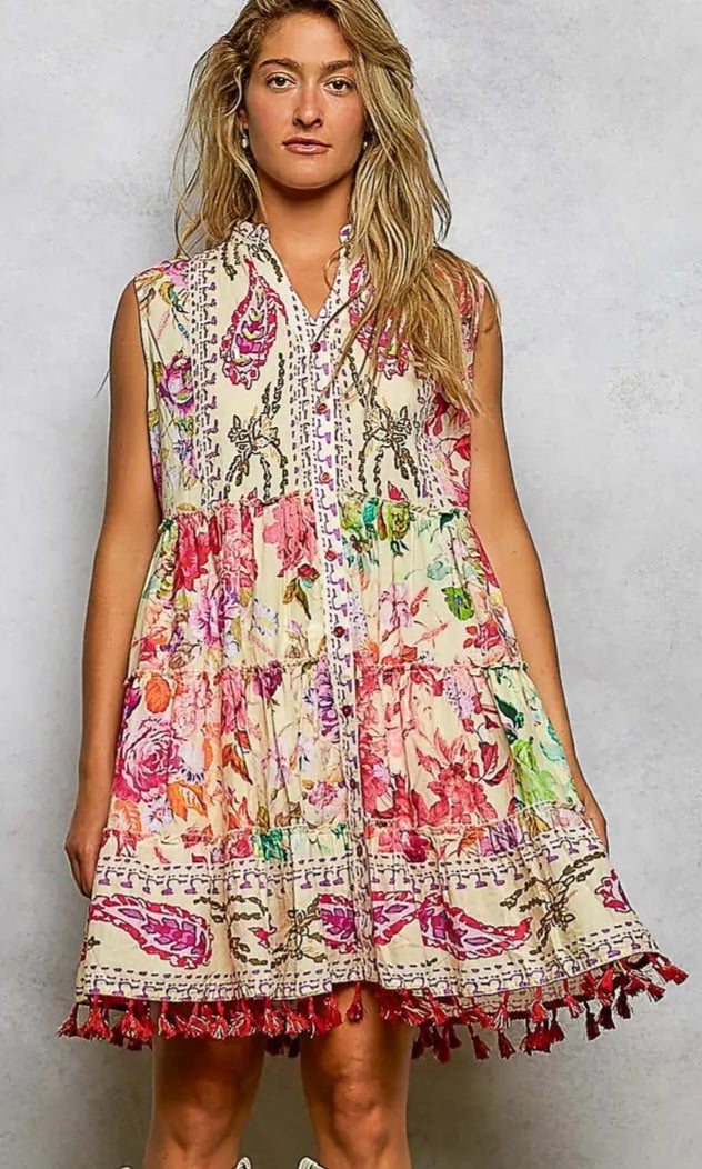 Cotton Button Closure Floral Tassel Bead Sleeveless Dress