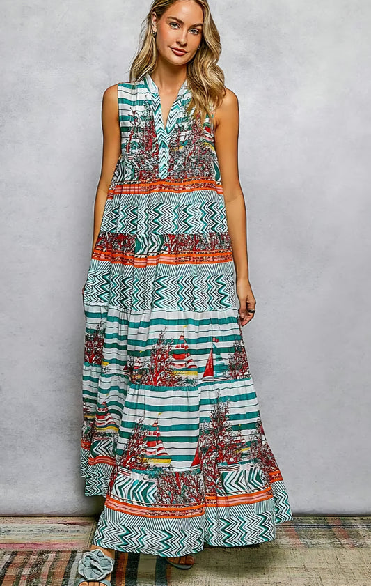 Long Dress Sleeveless Stripe Aztec Patch