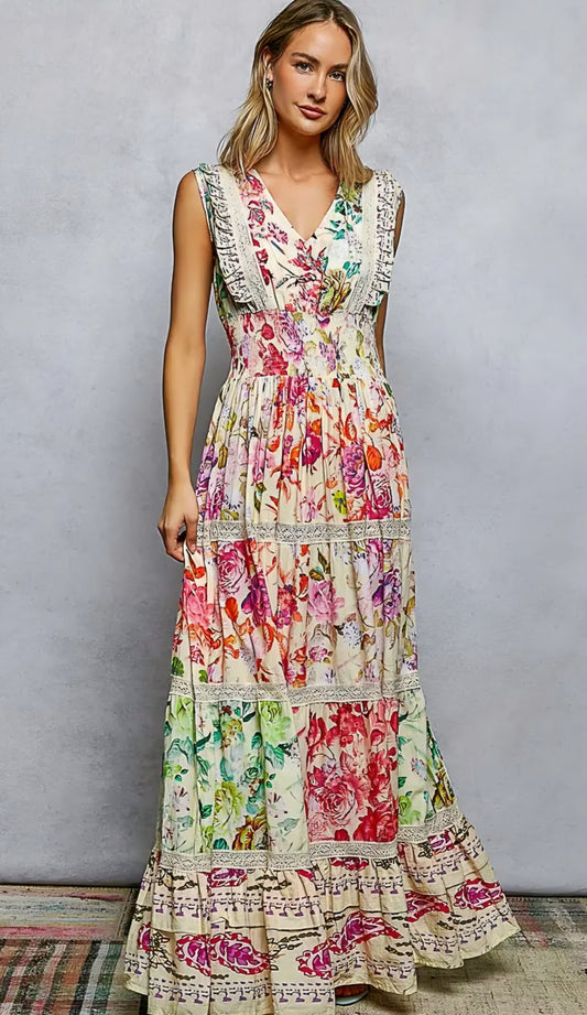 Feminine Smocked Waist Ruffle Floral Maxi Dress