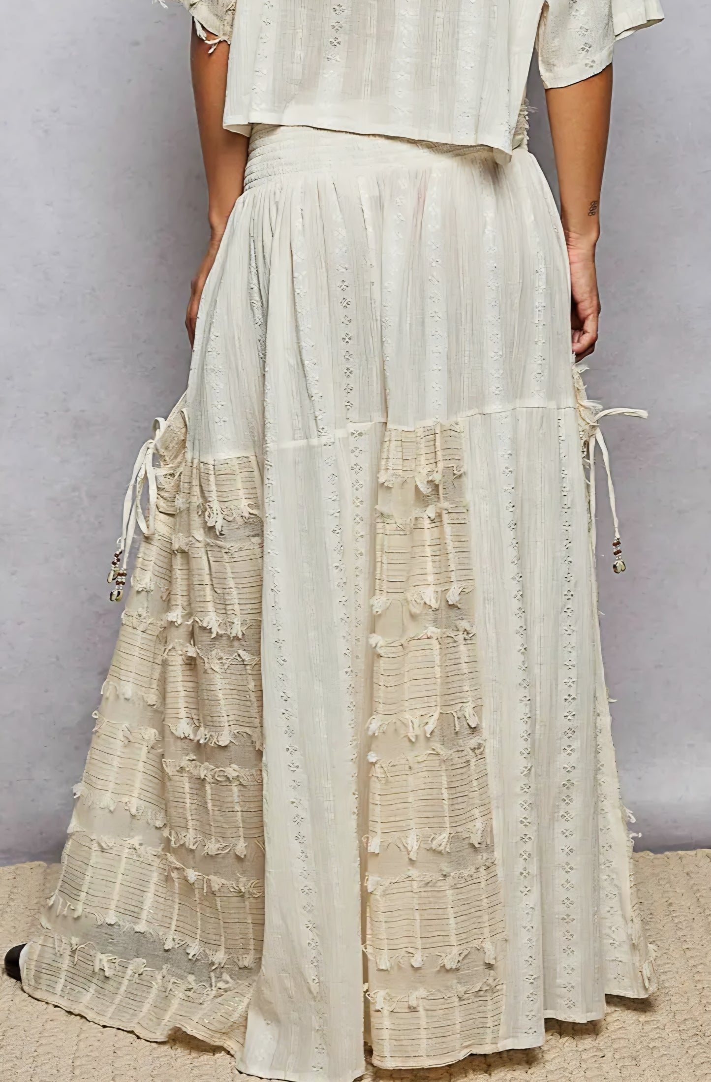 Boho Ruffle Contrast Shell Trim Wide Leg Pants