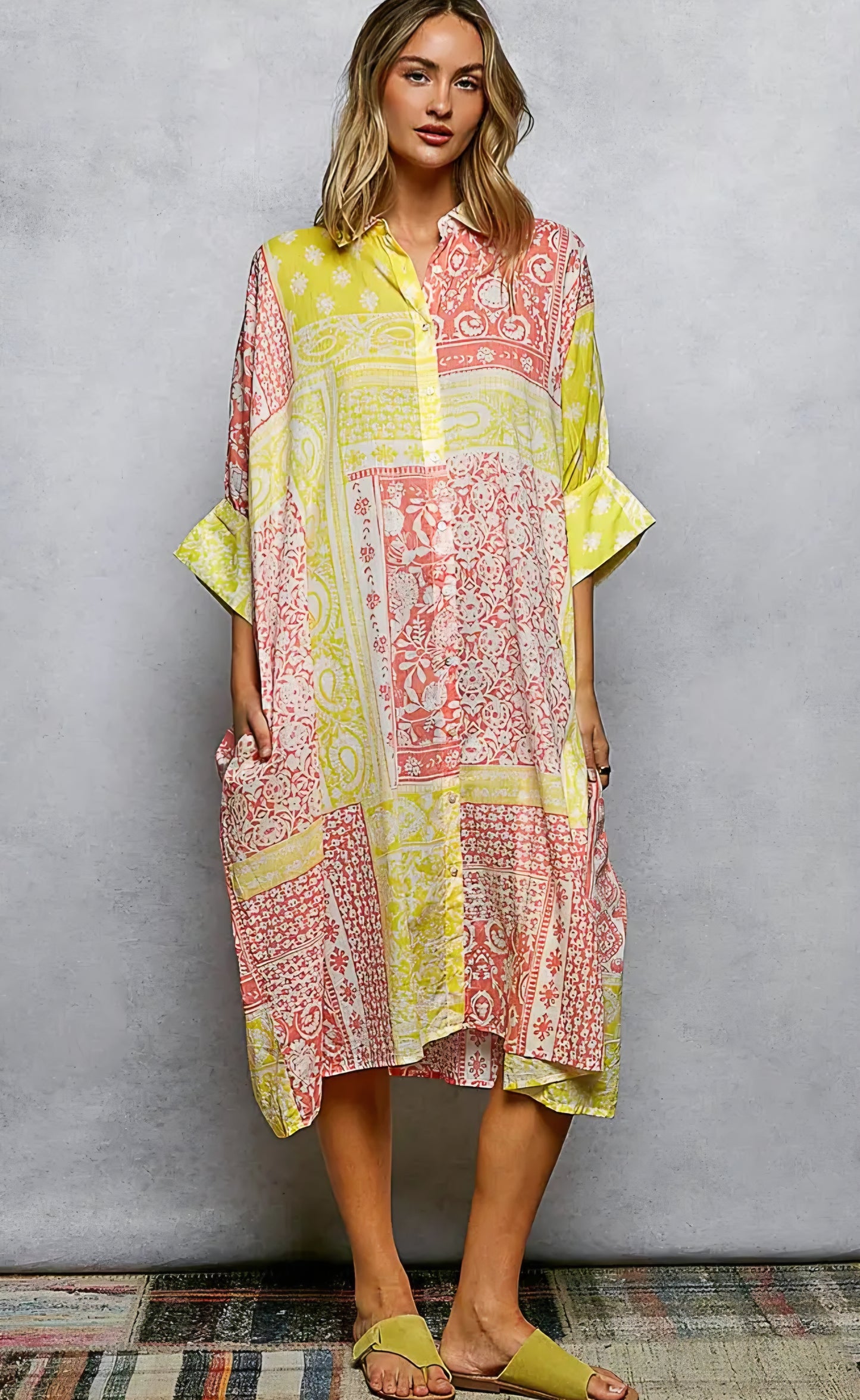 V-Neck Half Sleeve Floral Bold Printed Shirt Dress