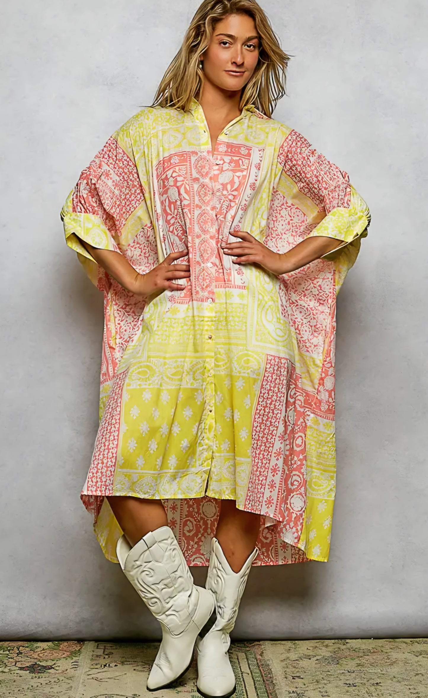 V-Neck Half Sleeve Floral Bold Printed Shirt Dress
