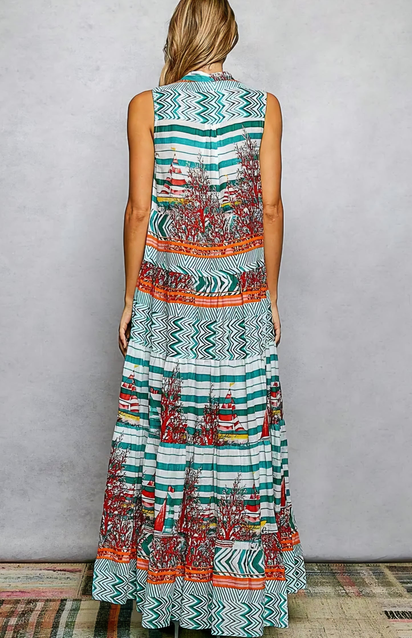 Long Dress Sleeveless Stripe Aztec Patch