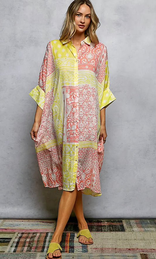 V-Neck Half Sleeve Floral Bold Printed Shirt Dress