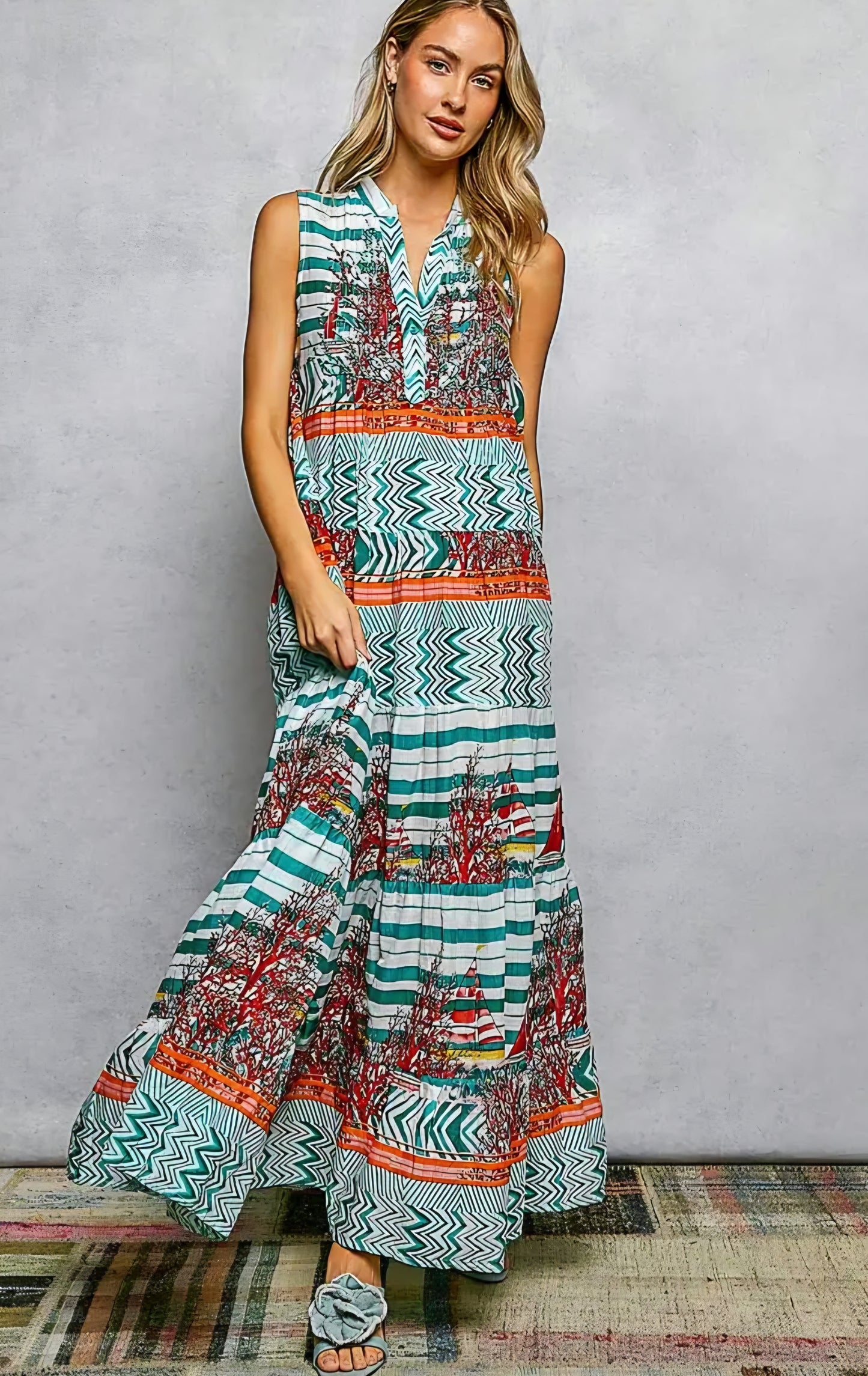 Long Dress Sleeveless Stripe Aztec Patch