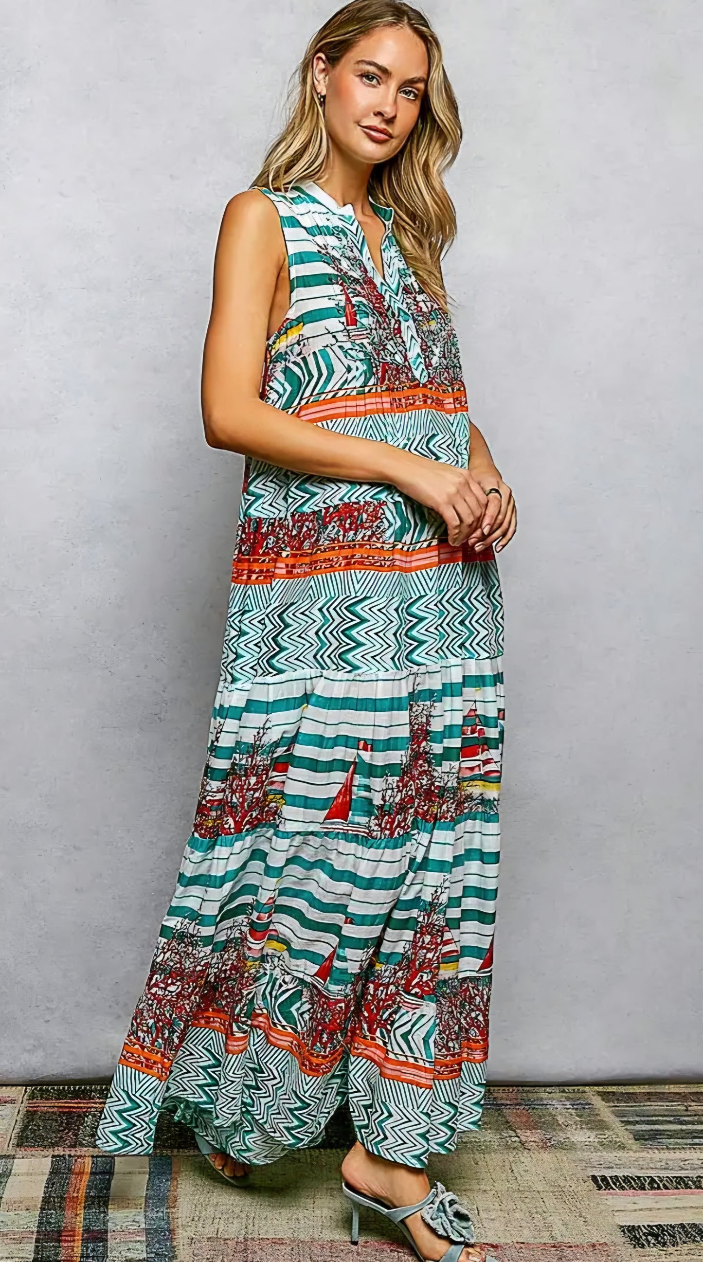 Long Dress Sleeveless Stripe Aztec Patch