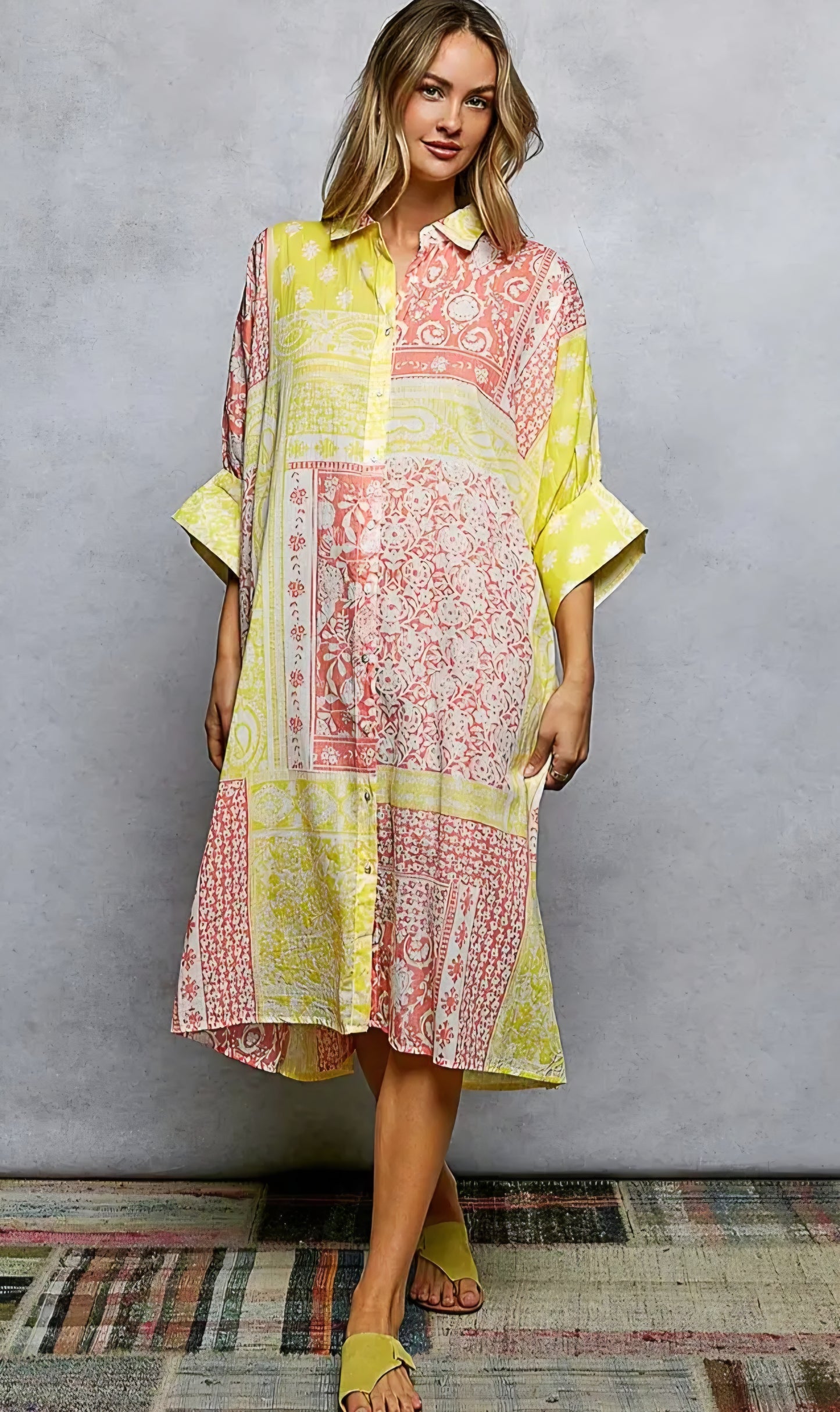 V-Neck Half Sleeve Floral Bold Printed Shirt Dress