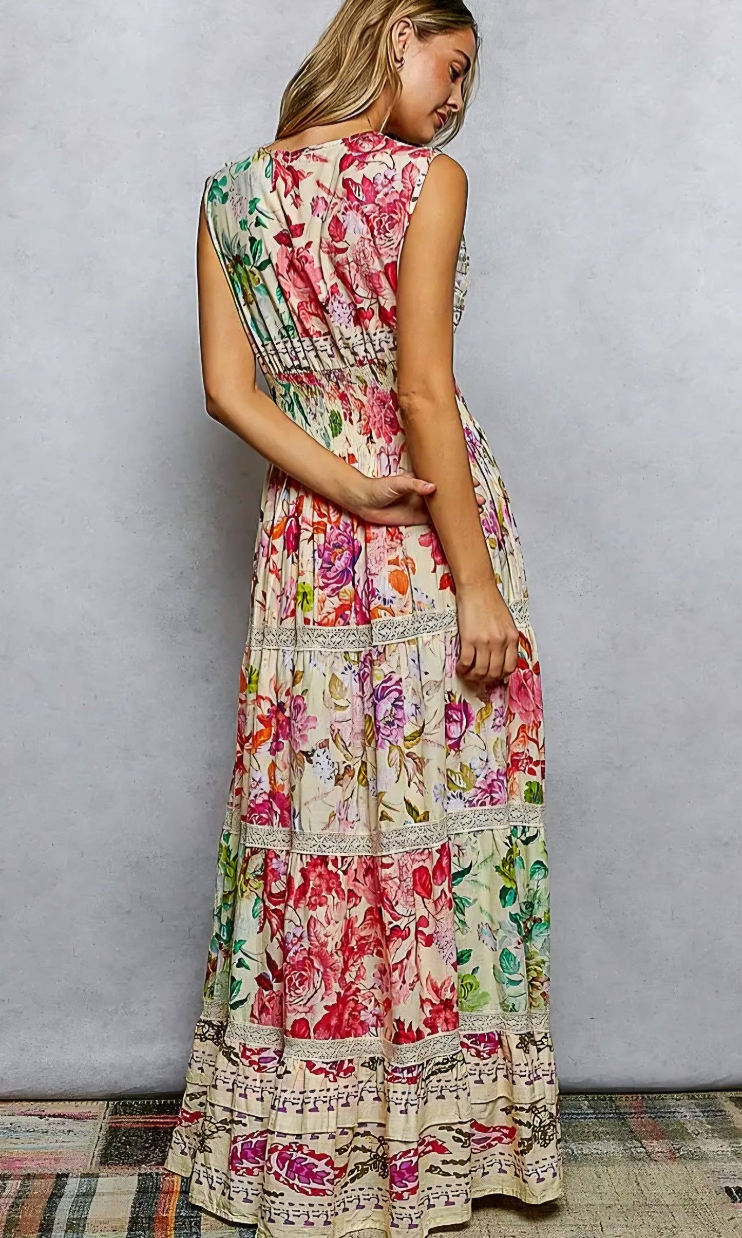 Feminine Smocked Waist Ruffle Floral Maxi Dress