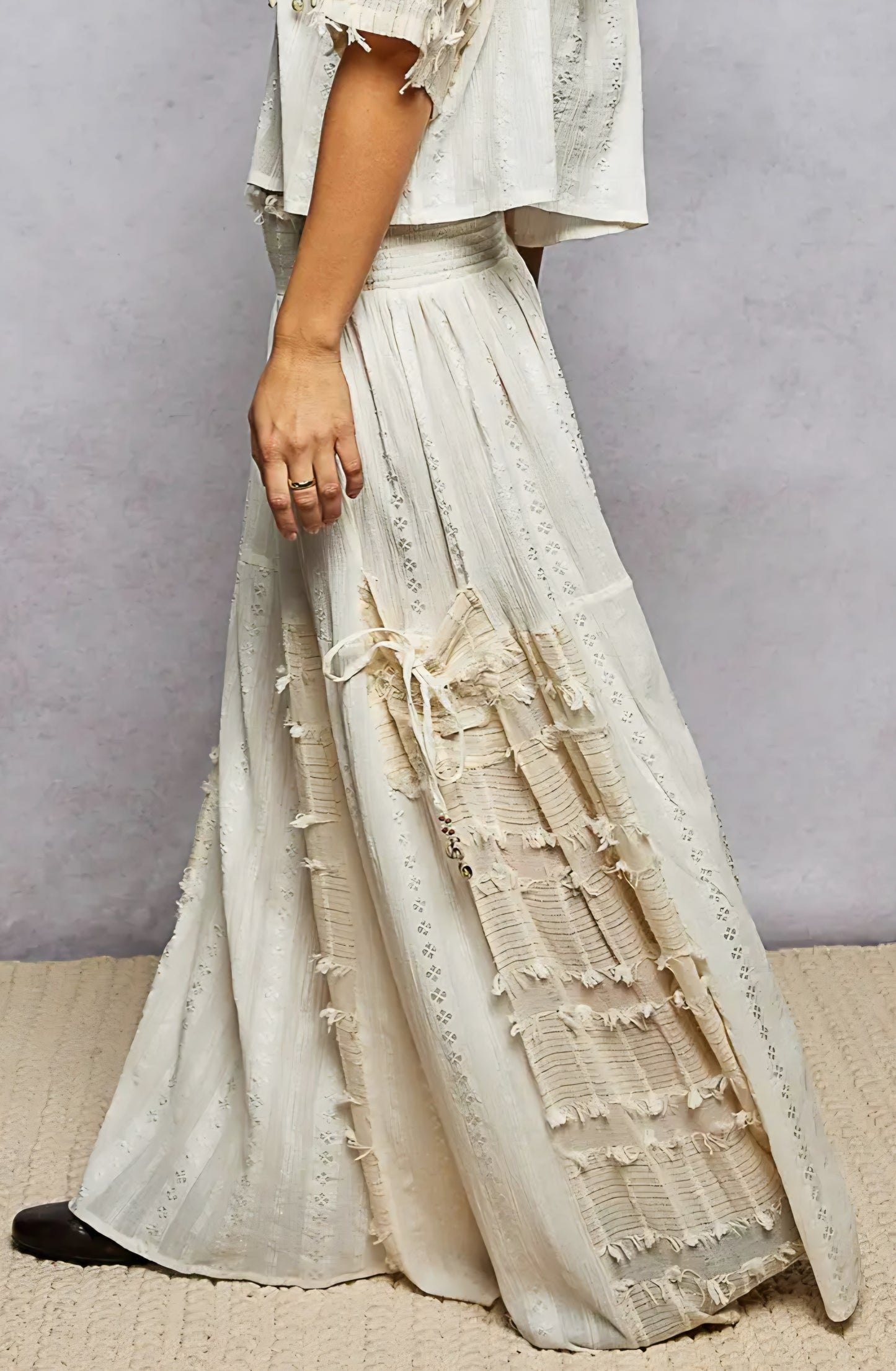 Boho Ruffle Contrast Shell Trim Wide Leg Pants