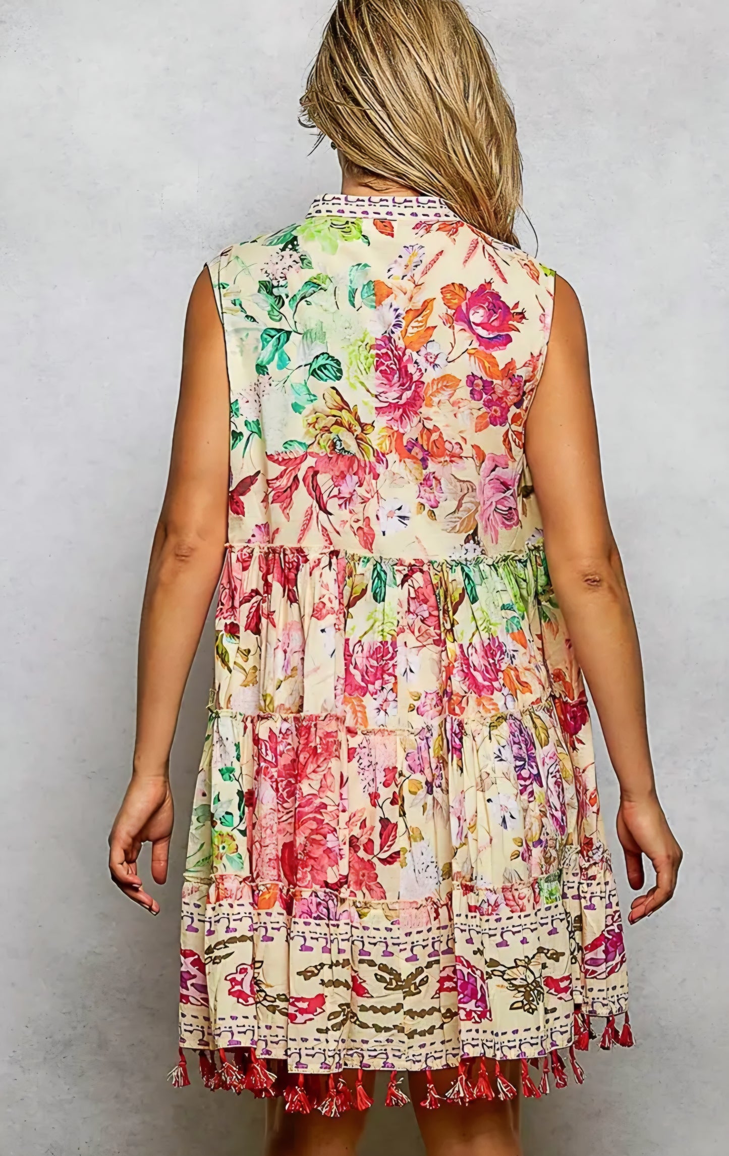 Cotton Button Closure Floral Tassel Bead Sleeveless Dress