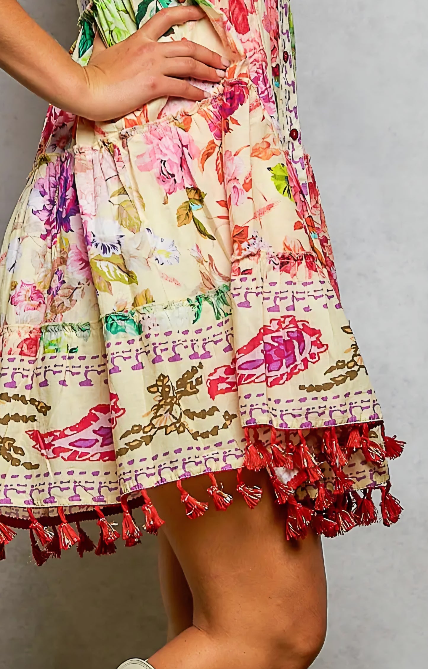 Cotton Button Closure Floral Tassel Bead Sleeveless Dress