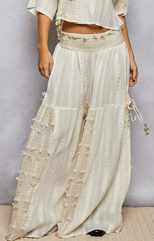 Boho Ruffle Contrast Shell Trim Wide Leg Pants